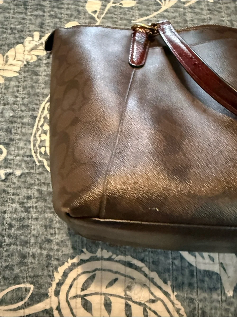 COACH Brown Signature Tote with Burgundy Handles and Gold Hardware